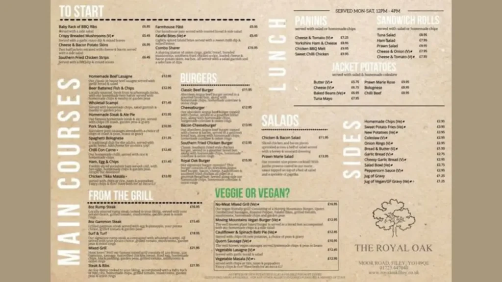 Royal Oak Menu Traditional British Cuisine And International Flavor