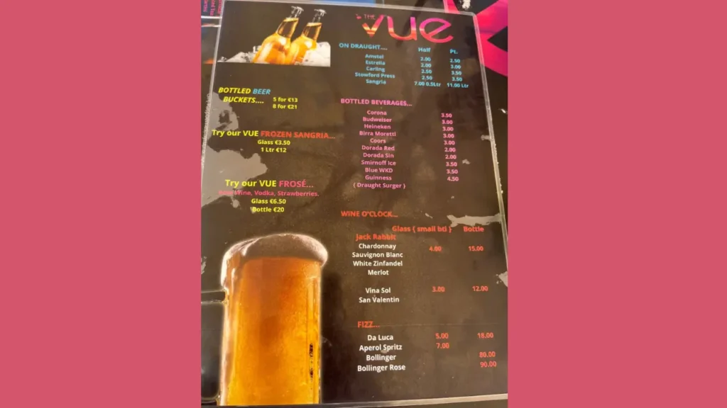 Drink Options Vue Food Menu Prices