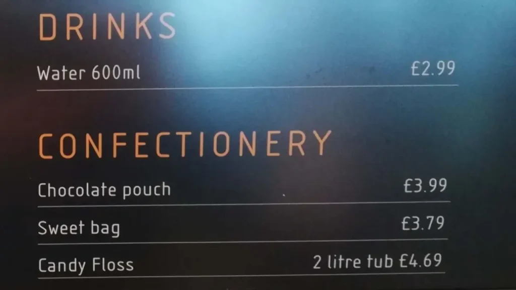 Drinks and Cup Sizes Vue Prices Food