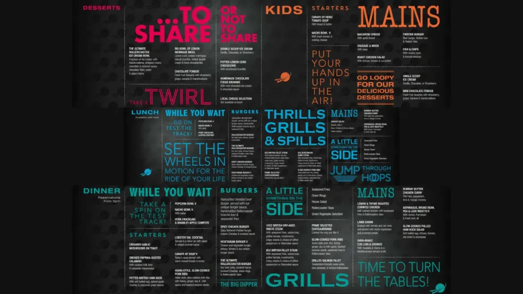 Variety on the Menu Rollercoaster Restaurant Menu Price
