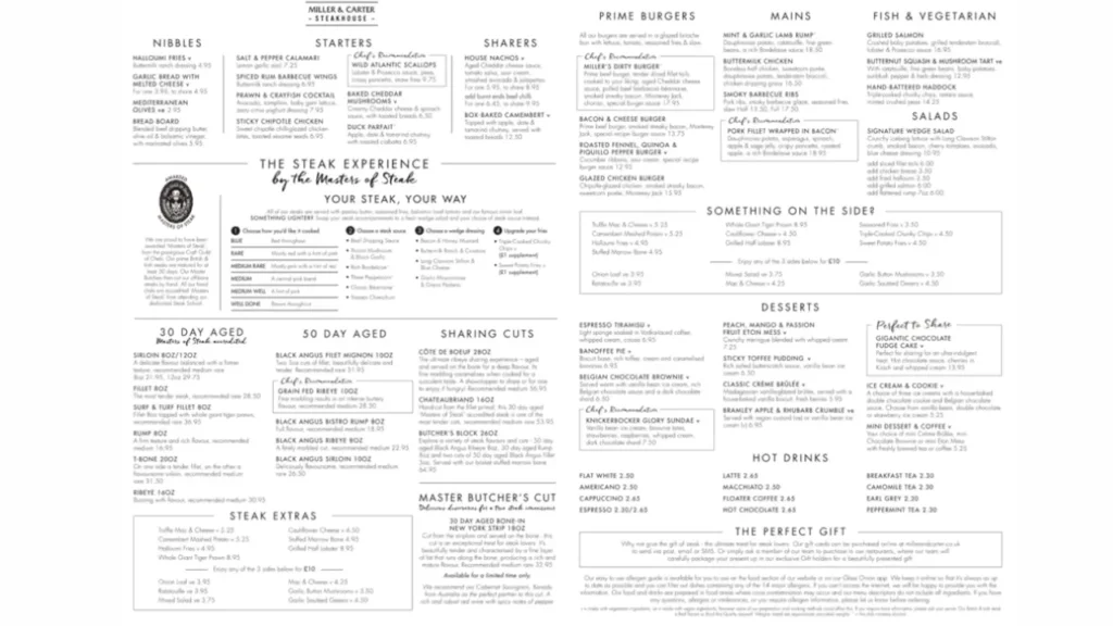 Detailed Menu Pricing Miller and Carter Price Menu