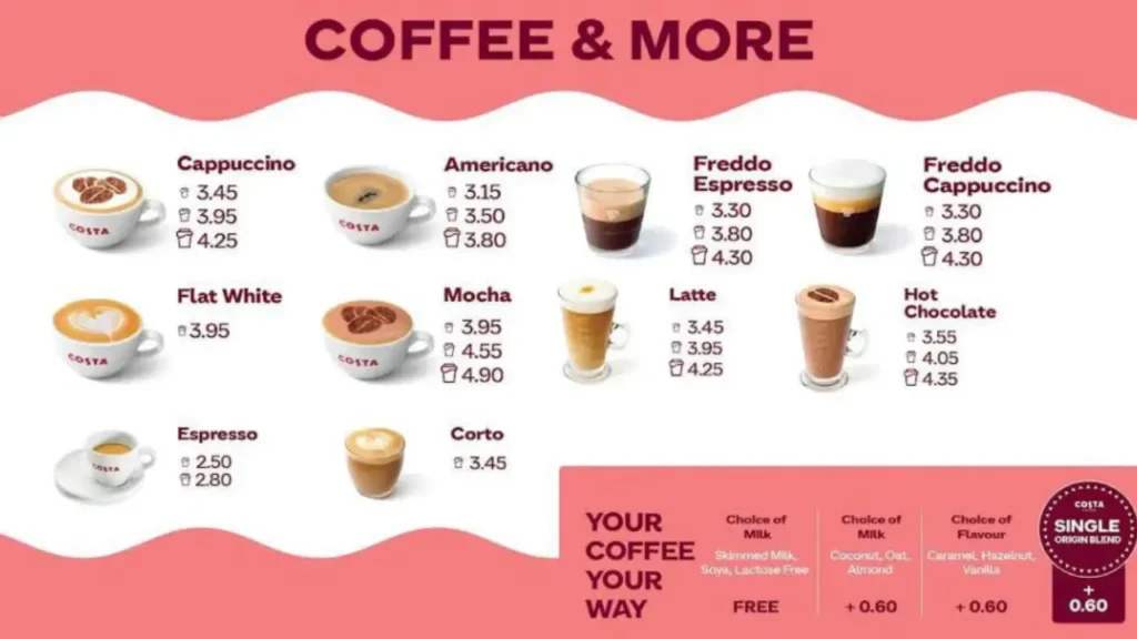 Hot Coffee Options Costa Menu