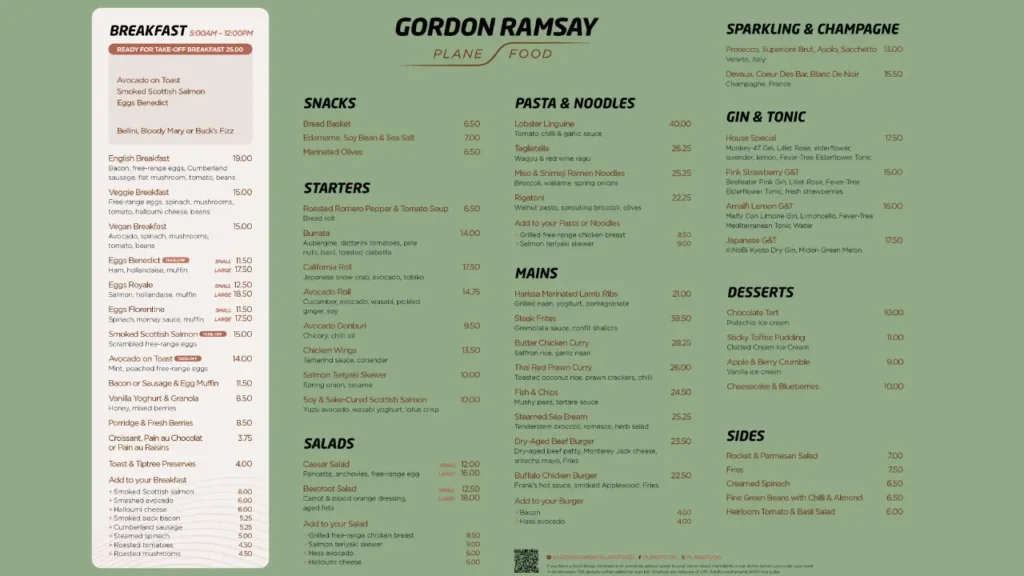 Signature Starters Gordon Ramsay Plane Food Menu