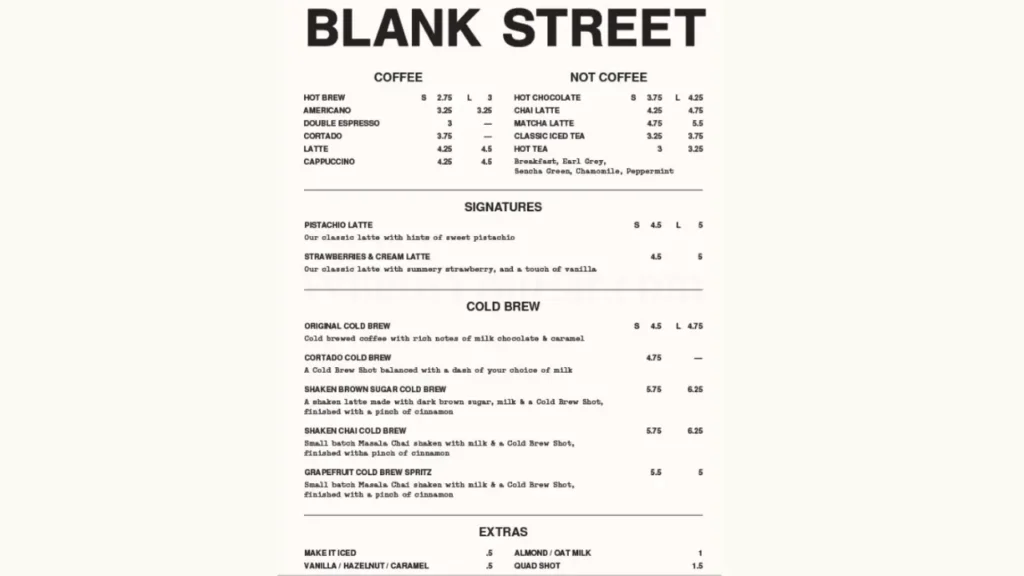 Seasonal Items Blank Street Menu