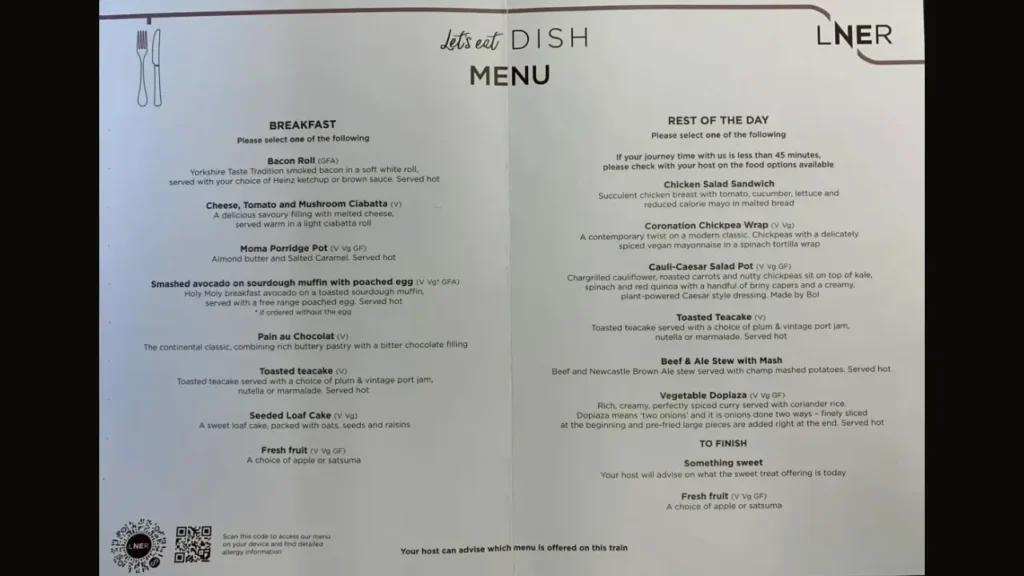 Breakfast Options LNER First Class Menu